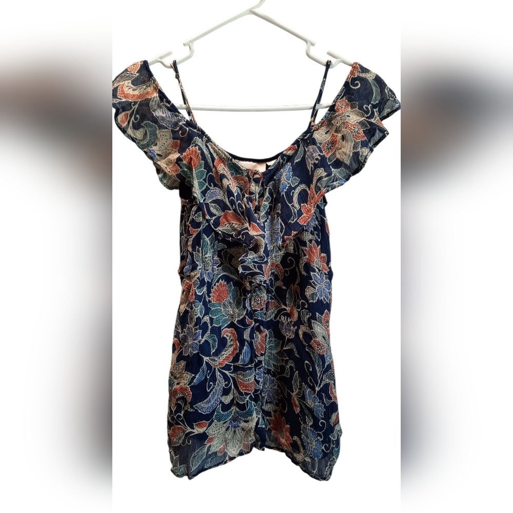 Maeve Anthropologie Top Womans 4 Blue Paisley Off-Shoulder Metallic Ruffle